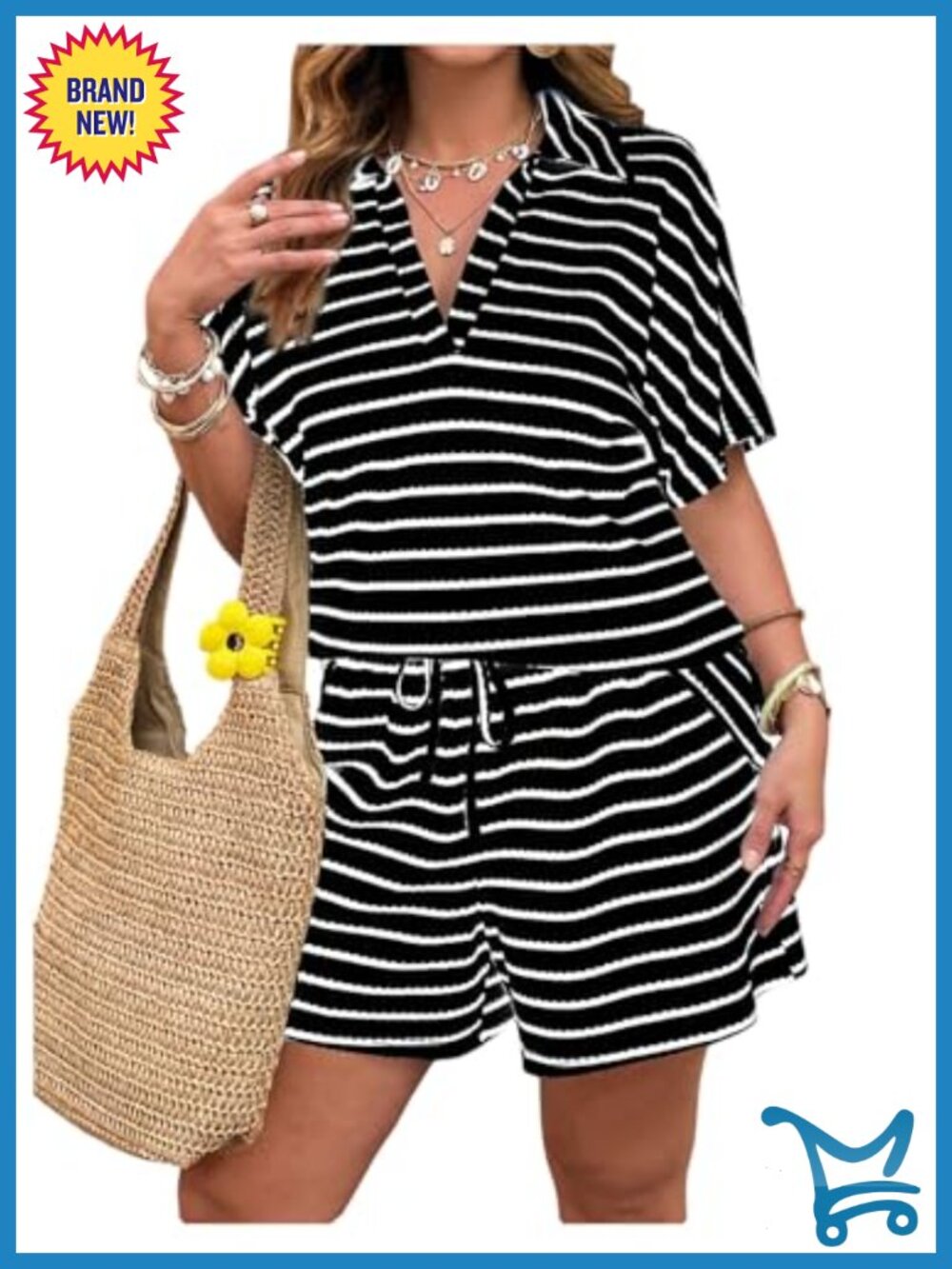 Plus Size Waffle Knit Two Piece Short Set Collared V Neck
